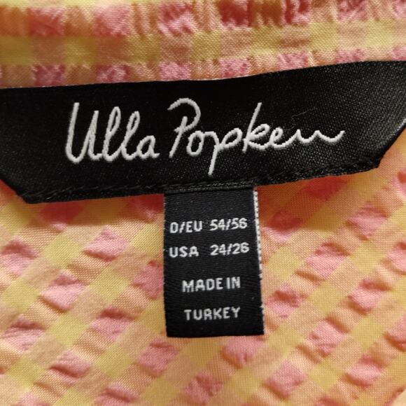 Ulla Popken Size 24/26 Button Up Long Sleeve Orange Pink Grid Seersucker Shirt - Picture 4 of 6